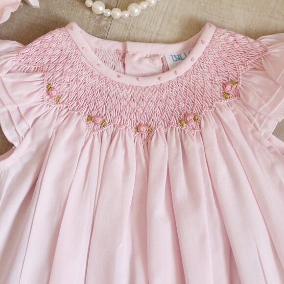 Smocked Pink Heirloom Romper Boutique Pin Tucks Bullion Embroidery NWT - Picture 3 of 5